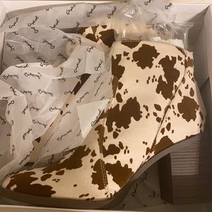 Brown Cowprint Boots by Qupid
